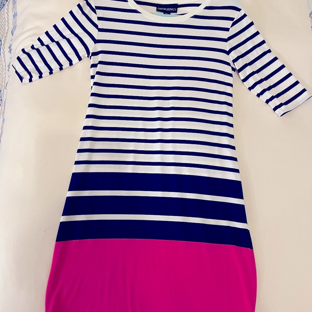 Cynthia Rowley
White Pink Navy Striped Crewneck Dress